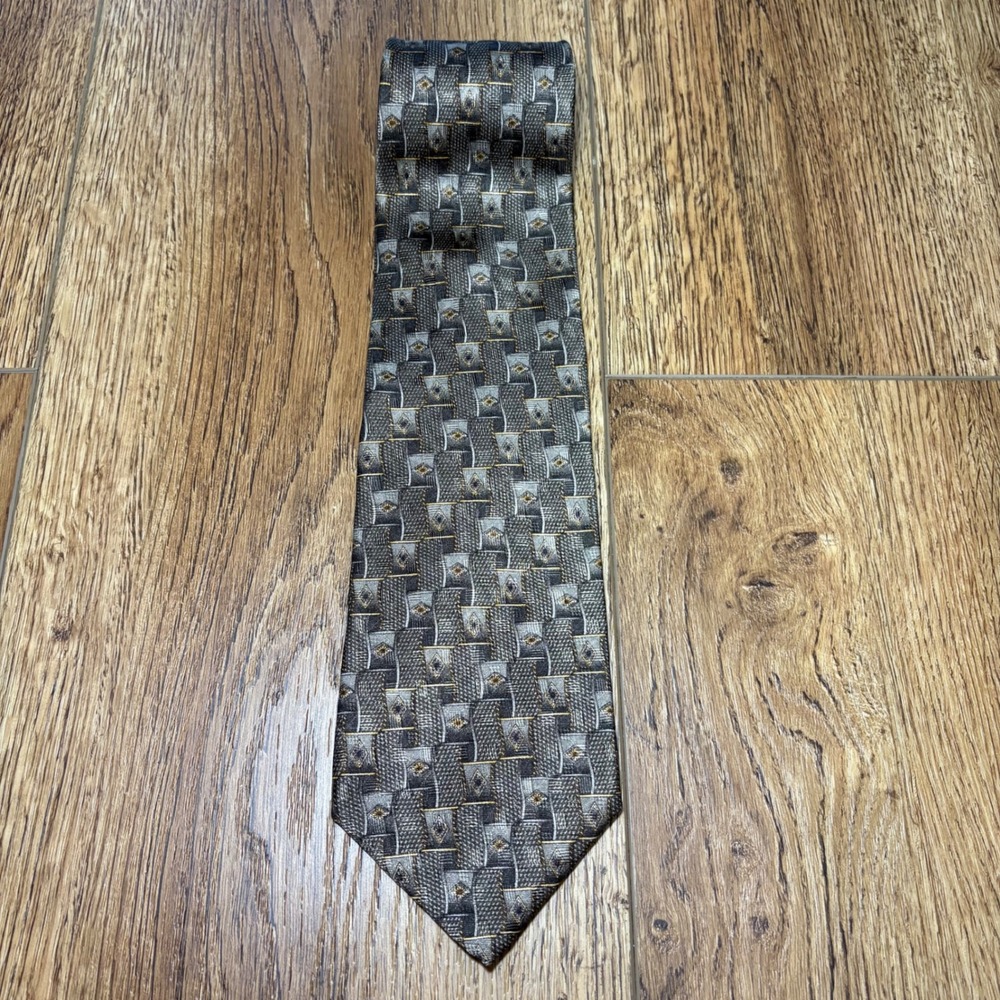 Roundtree & Yorke Mens Silk Tie Grey Charcoal Geometric Gold Diamond Handmade